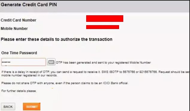 OTP to Generate ICICI Credit Card Pin Online